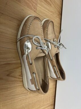 Sperry Tan Suede & White-Striped Lace Boat Shoes